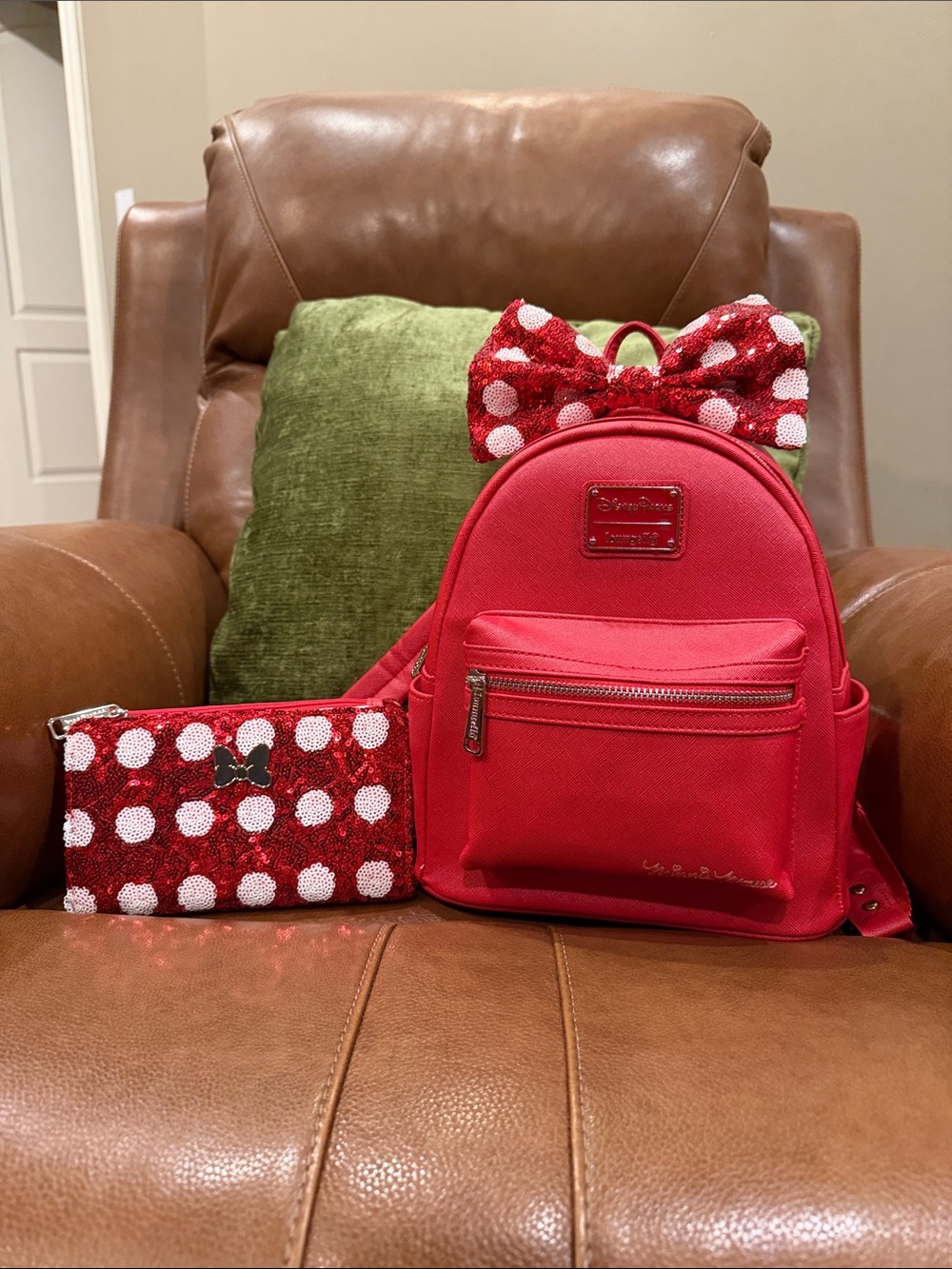 Disney Parks Loungefly Red Minnie Sequin Bow Backpack and Matching Wallet